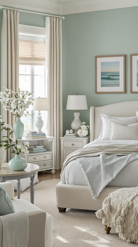 Coastal Master Bedroom Seafoam Green Bedroom Ideas, Seafoam Bedroom Ideas, Green Coastal Bedroom, Seafoam Green Bedroom, Tranquil Retreat, Coastal Retreat, Coastal Bedroom, Master Bedrooms, Seaside Getaway