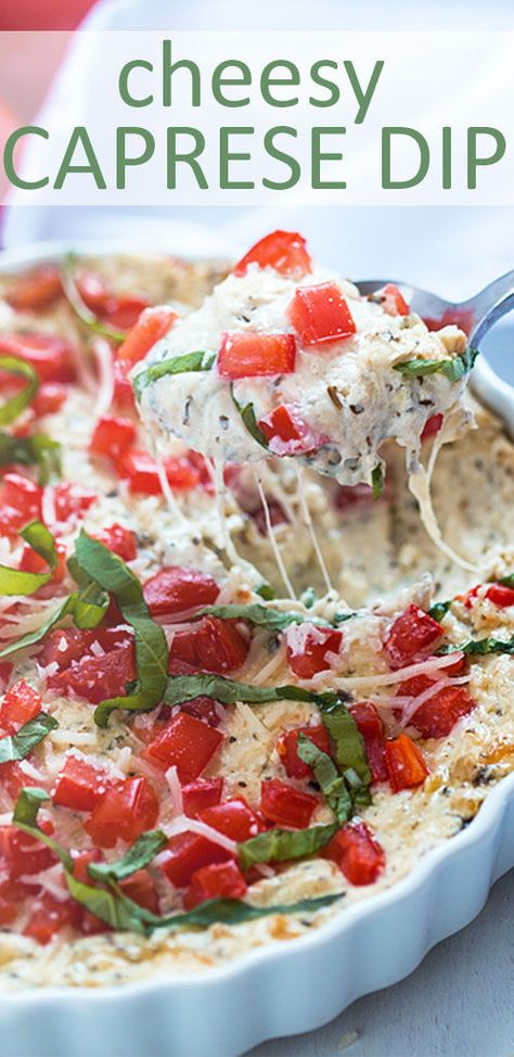 Cheesy Caprese Dip, Caprese Appetizer Dip, Hot Caprese Dip Recipe, Caprese Dip With Pesto, Italian Orderves Appetizers Appetizer Ideas, Italian Meal Appetizers, Wine Night Appetizers Dips, Baked Caprese Dip, Caprese Salad Dip