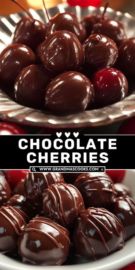 These Chocolate-Covered Cherries are the ultimate holiday candy. With a sweet cherry center and a smooth chocolate coating, they make the perfect festive treat or gift! Dark Chocolate Covered Cherries, Cherry Nougat Candy, Chocolate Covered Cherry Desserts, Choc Covered Cherries, How To Make Chocolate Covered Cherries, Recipes Using Frozen Dark Sweet Cherries, Diy Chocolate Covered Cherries, Chocolate Covered Cherries Liquid Center, Chocolate Covered Cranberries