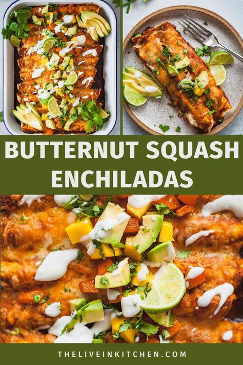 These Butternut Squash Enchiladas are filled with tender butternut squash, satisfying black beans, and a generous amount of cheese, all drenched in a smoky chipotle enchilada sauce! A delightful take on vegetarian comfort food with a Mexican twist. Butternut Black Bean Enchiladas, Butternut Squash Recipes Vegan, Chipotle Enchilada Sauce, Healthy Enchilada Recipe, Squash Enchiladas, Butternut Squash Enchiladas, Vegetarian Enchiladas Recipe, Butternut Squash Black Bean, Casserole Crockpot Recipes