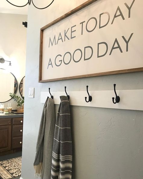 "Who doesn't want today to be the very best day EVA  Make today a good day is a great way to live your life.  This motivational sign will turn all of your grumpy mornings into the best of sunshine.   We love our customers! We also love how they display their amazing Rusty Mill farmhouse signs in their home. Adrien P. did a beautiful job decorating her space. Thank you for sharing your space with us Andrien P.! ABOUT YOUR SIGN: White background Size Options: 12\"x18\" 24\"x36\" Letter Color Optio Farmhouse Wooden Signs, Combining Households, Hallway Signs, Make Today A Good Day, Motivational Signs, Modern Farmhouse Wall Art, Diy Farmhouse Ideas, Black Words, Wooden Signs With Sayings