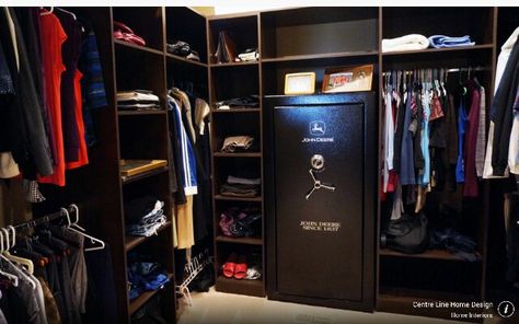 Closet with Gun Safe Safe In Closet Ideas, Closet With Safe Ideas, Walk In Closet With Safe, Master Closet With Safe, Closet Safe Ideas, Closet With Safe, Safe In Closet, Mens Closet Organization, Small Closet Room