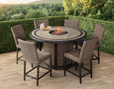 7 Piece Outdoor Dining Set, Propane Fire Table, Pool Table Dining Table, Patio Fire Pit, 7 Piece Dining Set, Aluminum Table, Fire Table, Deck Ideas, Patio Bar