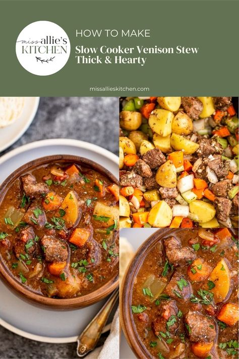 This thick, hearty and healthy slow cooker venison stew is made in the crockpot with tender hunks of deer meat, vegetables, and a rich & flavorful broth. Venison Stew Meat Recipes Crockpot, Easy Venison Crockpot Recipes, Crockpot Venison Stew, Venison Loin Recipes Crockpot, Crockpot Venison Recipes, Deer Stew Crockpot, Elk Stew Crockpot, Venison Stew Crockpot, Venison Recipes Crockpot