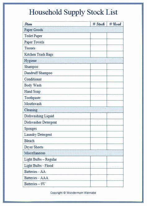 Printable Household Supply List Diy Storage And Organization, Household Inventory List, Household Budgeting, Free Family Printables, Supply Closet, Putz Hacks, Cleaning Supplies List, Family Printables, Stock List