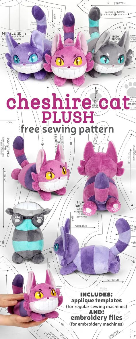 Free Pattern Friday! Cheshire Cat Plush – Sew Desu Ne? Plush Toy Sewing Pattern, Cute Plushies Sewing Patterns, Toy Patterns Free Sewing, Diy Plushies Patterns Free, Sewing Patterns Free Plushies, Tim Burton Cheshire Cat, Cheshire Cat Crochet, Cat Plush Pattern, Patterns For Toys