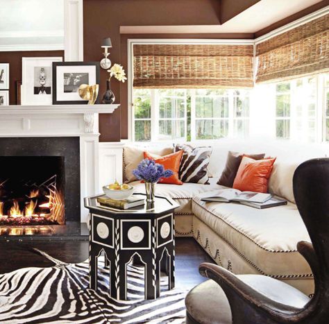 Fireplace Furniture, Zebra Rug, Corner Seating, Safari Chic, Window Seats, Corner Window, Large Window, Woven Wood, Brown Walls