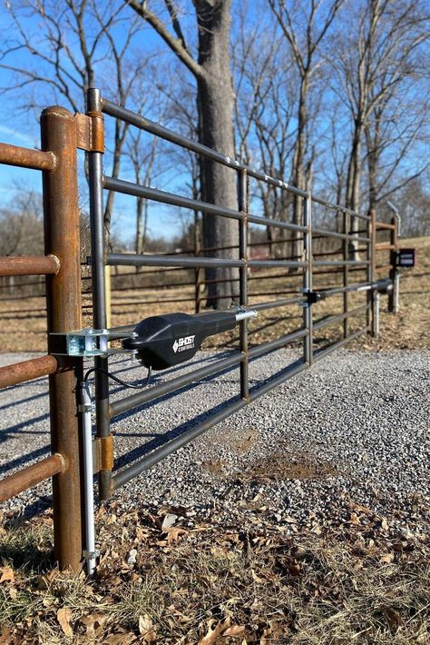 Reminder: Farm-style tube gates can make a beautiful entrance too, especially when they're automatic! 🤩 This gate was automated using our T-Series Heavy Duty gate operator. 📸 : Jared K. Front Gate Decor, Automatic Farm Gate, Solar Gates Driveway, Property Gates Entrance, Pipe Fence Entrance, Rustic Gates Entrance, Gate Entrance Landscaping Ideas, Farm Gate Ideas, Farm Entrance Ideas Driveways