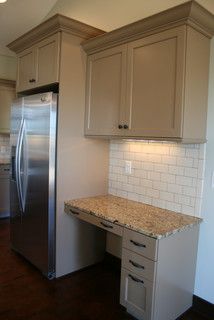 Tan painted cabinets with granite tops and subway tile. Tan Painted Cabinets, Tan Kitchen Cabinets, Taupe Kitchen Cabinets, Beige Kitchen Cabinets, Tan Kitchen, Taupe Kitchen, Painted Cabinets, Beige Kitchen, Diy Kitchen Cabinets