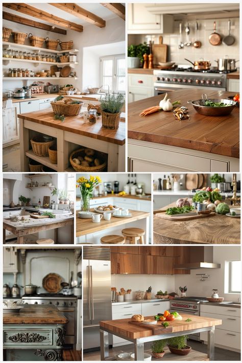 Tips and ideas for the ideal butcher block island to transform your kitchen. Small Kitchen Remodel Butcher Block Counter, Diy Butcher Block Island, Walnut Butcher Block Island, Wood Island Countertop, Butcher Block Islands, Kitchen Island With Butcher Block Top, Custom Butcher Block, Handleless Cabinets, Diy Butcher Block