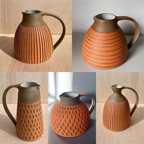 Ceramic Jug Decor, Pottery Designs Carving, Carved Pots, Ceramic Jugs Pottery, Ceramic Jugs, Ceramic Bottles, Ceramics Bowls Designs, Pottery Decor, Pottery Jugs