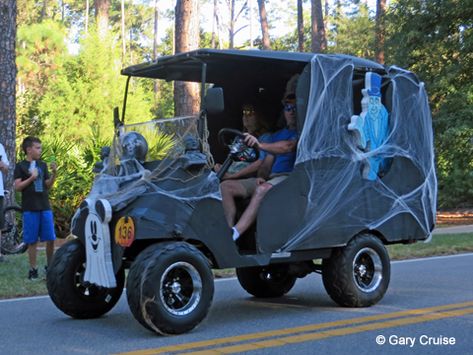 Halloween Floats, Halloween Golf Cart, Halloween Parade Float, Golf Cart Parade, Golf Cart Decorations, Halloween Golf, Disney Golf, Disney Transportation, Halloween Camping