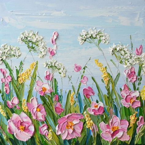 Pink Flowers Painting, Abstract Floral Artwork, Peonies Artwork, Pink Flowers Art, Field Artwork, Pink Wildflowers, Pink Flower Painting, Acrylic Flower Painting, Painting Flowers Tutorial