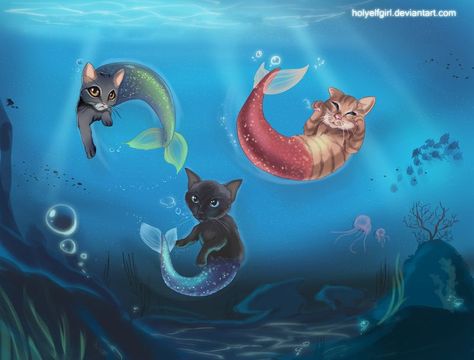 Mermaid Images, Mermaid Cat, Mermaid Illustration, Mermaid Pictures, Mermaid Dreams, Mermaids And Mermen, Curious Cat, Cat Artwork, Retro Cats