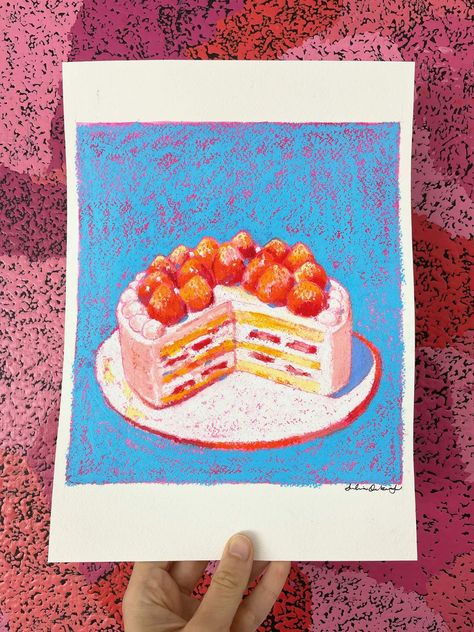 Strawberry Cake Original Artwork -  #Artwork #cake #Original #Strawberry Oil Pastel Artwork, Magenta Background, Pastel Crayons, Art Beat, Pastel Artwork, Oil Pastel Art, Oil Pastel Drawings, Oil Pastels, Pastel Drawing