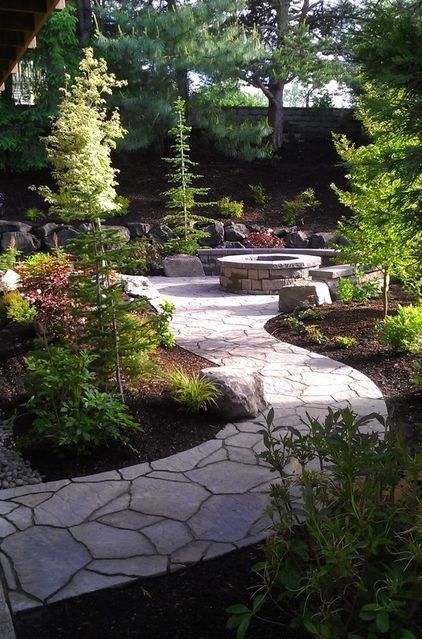 Country Pond, Northwest Landscaping, Pathway Landscaping, Walkway Ideas, Fire Pit Landscaping, Pond Ideas, Maple Ridge, Stone Walkway, Garden Shrubs