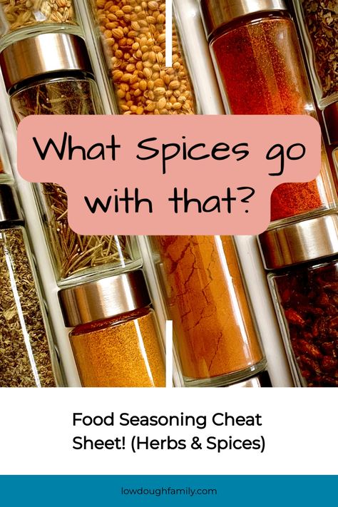 Food Seasoning Cheat Sheet! (Herbs & Spices) Inventory Sheet, Herb Blends, Seasoning Chicken, Penzeys Spices, Food Seasoning, List Of Spices, Spice Combinations, Seasoning And Spice, Grocery Shopping List