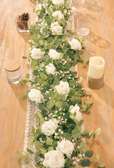 Anna's Whimsy 5.91FT Artificial Eucalyptus Garland with Flowers, Fake Rose Gypsophila Garland, Faux Floral Garland Greenery Garland for Wedding Home Party Craft Art Table Runner Decor (White, 1) Gypsophila Garland, Garland With Flowers, Garland For Wedding, Artificial Eucalyptus Garland, Diy Fleur, Rustic Wedding Decorations, Artificial Eucalyptus, Wedding Arch Flowers, Eucalyptus Garland