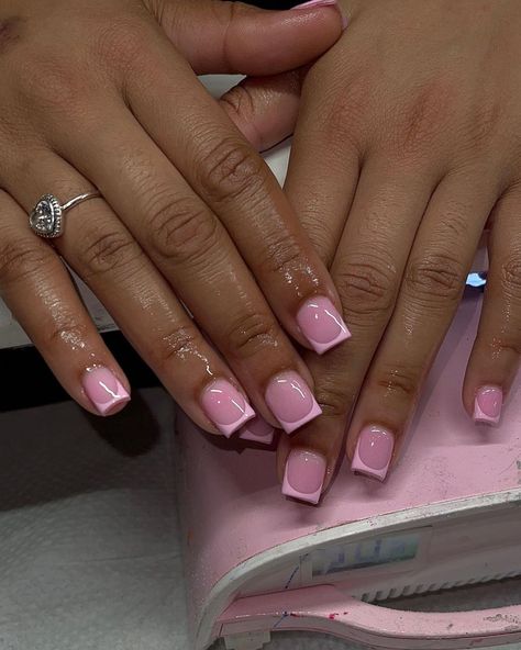 Ask for “pink on pink” 🩷 ( BOOK UNDER CURRENT SALE ) IG: @glamgrippers COLORS WERE CUSTOM MADE BY ME IM ALWAYS ACCEPTING NEW CLIENTS! … | Instagram Short Soft Pink Nails Designs, Simple Cute Nails Square, Pink Fresh Tip Nails, Simple Short Square Nail Ideas, Senior Year Nails Ideas, Hairstylist Nails Ideas, Xs Short Nails, Simple Work Nails, Shorts Nails Idea