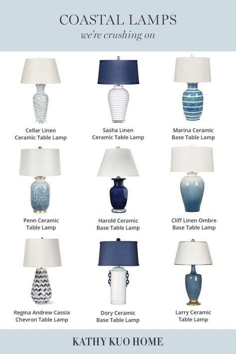 Best Coastal Light Fixtures by Kathy Kuo Home Coastal Bedrooms Table Lamps, Beach House Lamps, Blue Lamps Living Room, Coastal Table Lamps, Coastal Lamps Living Room, Coastal Living Rooms Table Lamps, Coastal Table, Beach Lamps Coastal Style, Coastal Lighting Ideas