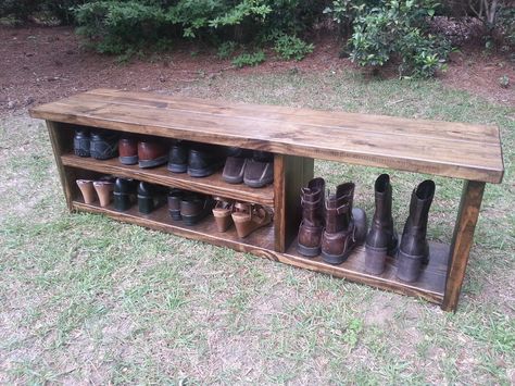 A sturdy and classic rustic style bench with space for shoes & boots! This is a longer version of our popular Rustic Boot Bench. We build each bench by hand from start to finish. Constructed... Rak Sepatu Diy, Bench Makeover, Pallet Shoe Rack, Diy Bank, Diy Entryway Bench, Shoe Bench Entryway, Shoe Organizer Entryway, Mudroom Makeover, Diy Mudroom