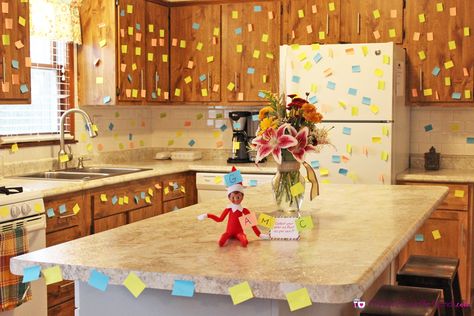 This is another EASY Elf on the Shelf idea (and was fun to do!) but made a BIG impact when the kids saw it! And it was super fun for them to race around collecting their color of post it note (not even realizing that they were cleaning it all up for us!). My husband also thought that using the larger size of post its would have been better. He thinks it would have made an even bigger impact…I guess that’s just how men think! I think either would work well! To download, print or save the sig... Elf On The Shelf Idea, Easy Elf On The Shelf, Easy Elf, Elf Magic, Awesome Elf On The Shelf Ideas, Elf Props, Elf Activities, Xmas Elf, Elf Antics