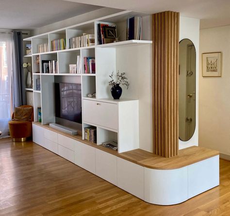 Bibliothèque - Yves Jaffré Agencements Living Room Storage Wall, Bibliotheque Design, Living Room Wall Units, Room Partition Designs, Partition Design, Home Entrance Decor, House Design Kitchen, Mobile Bar, Living Room Storage