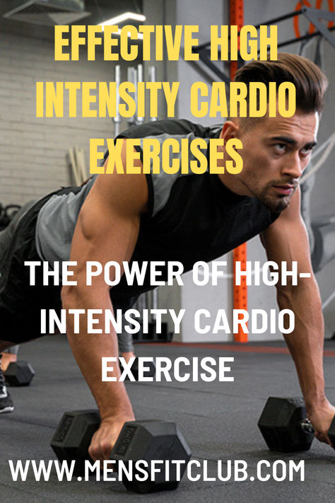 Illustration of high-intensity cardio exercises, featuring dynamic movements like sprints, jumping jacks, burpees, and mountain climbers. Each exercise is paired with short intervals of maximum effort, designed to rapidly elevate heart rate and burn calories. The routine emphasizes quick, explosive actions to boost cardiovascular endurance and fat loss in a short time. Ideal for those looking to intensify their cardio workouts and achieve fast results. High Intensity Cardio Workout, Exercise For Men, Cardio Treadmill, Cardio Exercises, High Intensity Cardio, Weight Lo, Cardio At Home, Cardio Exercise, Cardio Workout At Home