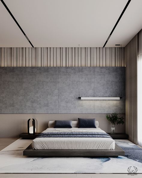 A modern master bedroom in grey tones offers a sleek and stylish appearance. Using several shades of grey on the walls, bedding, and furniture, emphasized with minimalist design and clean lines. 

#bedroom #masterBedroomDesign #masterBedroom #modernBedroom #modernInterior #ContemporaryBedroom #homeBedroomRefresh Luxury Bedroom Design Minimalist, Modern Contemporary Bedroom Master Suite Interior Design, Asymmetrical Bedroom Design, Bed Back Wall Design Master Bedrooms, Masterbedroom Bedroom Interior, Minimal Luxury Bedroom, Modern Contemporary Bedroom Master Suite, Minimalist Luxury Bedroom, Modern Minimal Bedroom Design