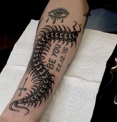 Tattoos For Arm, American Traditional Centipede Tattoo, Traditional Centipede Tattoo, Trad Centipede Tattoo, American Traditional Centipede, Scary Centipede Tattoo, Centipede Trad Tattoo, Centipede With Face Tattoo, Gothic Centipede Tattoo