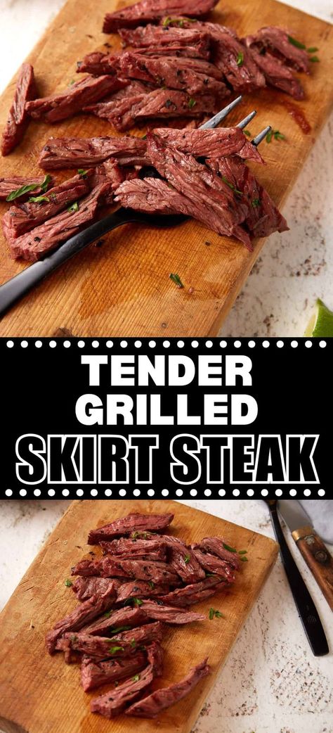 Collage of sliced grilled skirt steak at top and bottom. Cooking Skirt Steak, Steak Marsala, Skirt Steak Recipe, Skirt Steak Fajitas, Skirt Steak Marinade, Skirt Steak Tacos, Mississippi Mud Cake, Chili Beef, Skirt Steak Recipes