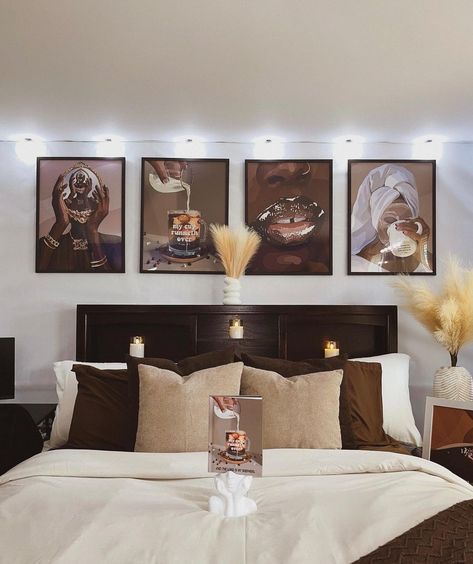 Black Art On Wall, Different Shades Of Brown Room Decor, Black Art Room Aesthetic, Urban Home Decor Ideas, Black Art Home Decor, Black Women Bedroom Ideas, Black Wall Art Bedroom, Apartment Room Decorating Bedrooms, Brown And Gold Bedroom Ideas