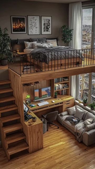 Loft Bedroom Ideas For Adults, Loft Bed Ideas For Adults, Small Loft House Design, High Loft Bed, Loft Bed With Stairs, Adult Loft Bed, Cool Loft Beds, Loft Homes, Bed With Stairs