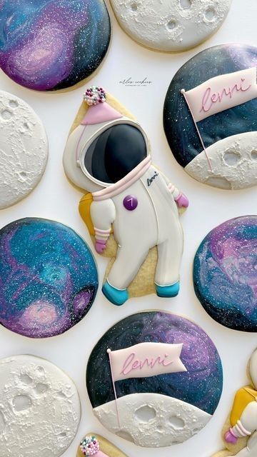 Galaxy Decorated Cookies, Space Royal Icing Cookies, Planets Cookies, Space Cookies Decorated, Galaxy Sugar Cookies, Space Sugar Cookies, Astronaut Cookies, Cookie Painting, Moon Baby Shower Theme