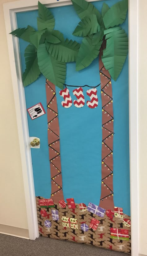 Christmas in Paradise theme for my office's 2016 Door Decorating Contest! Postcard says Happy Holidays from Paradise. Beach theme holiday door decorating contest winner Holiday Door Decorating Contest, Door Decorations Classroom Christmas, Holiday Door Decorations, Christmas Door Decorating Contest, Christmas Classroom Door, School Door Decorations, Christmas Door Decoration, Door Decorating Contest, Christmas Cruises