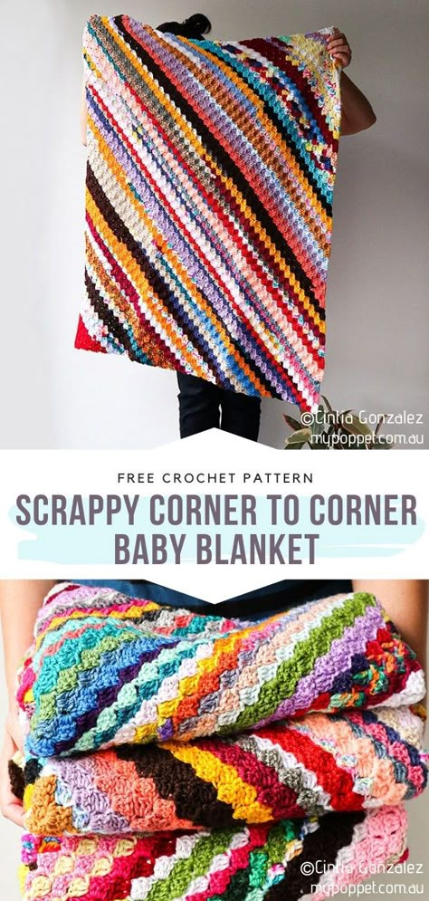 Scrappy Corner to Corner Baby Blanket Free Crochet Pattern  It is time to put all the scraps you've been hoarding to good use! A fantastic use, actually! Are you as impressed with how this scrappy blanket turned out as we are? We dig this energizing mix of colors so much!  #crochetblanket #crochetbabyblanket #scrappycrochetblanket #c2ccrochetblanket #freecrochetpattern Corner To Corner Baby Blanket, Scrappy Blanket, Motifs Afghans, Scrap Crochet, Crochet C2c Pattern, C2c Crochet Blanket, Scrap Yarn Crochet, Confection Au Crochet, Crochet Geek