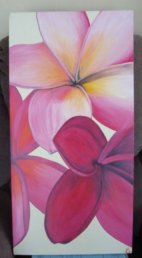 Frangipani painting. Plumeria Flower. Art. Acrylic paint on canvas. My favourite of my paintings :) Frangipani Painting, Plumeria Painting, Hawaii Flowers Painting, Frangipani Flower Painting, Plumeria Flowers Watercolor, Plumeria Painting Acrylics, Plumeria Flowers Painting Watercolors, Acrylic Painting Inspiration, Polynesian Art