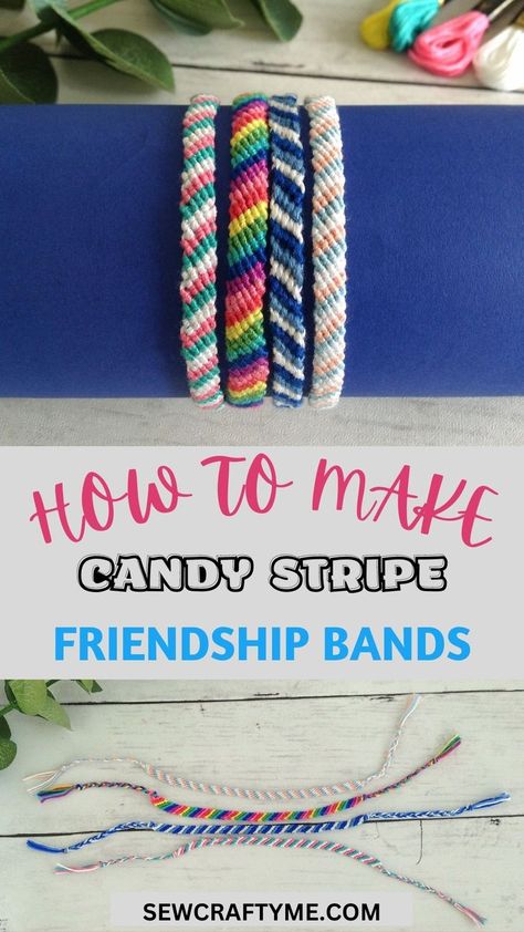 If you're in search of a fun and imaginative craft, learning to create friendship bracelets is a wonderful idea. Among the many types of friendship bracelets, the candy stripe bracelet is a favorite. It showcases vibrant stripes of embroidery floss. To make this bracelet, you'll need to master the forward knot technique. This technique involves tying knots with the floss to produce intricate patterns. Types Of Friendship Bracelets, Forward Knot, Candy Stripe Bracelet, How To Make Candy, Embroidery Floss Bracelets, Floss Bracelets, Tying Knots, Friendship Bracelets Easy, Yarn Bracelets