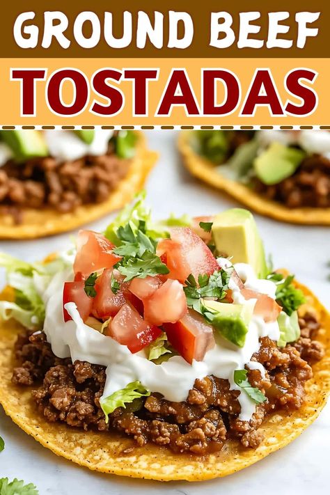 Dinner For 2 Ground Beef, Spanish Ground Beef Recipes, Tostada Recipes Beef, How To Make Tostadas, Recipe Ideas With Ground Beef, Beef Tostada Recipes, Easy Tostada Recipes, Easy Taco Recipes Beef, Mexican Food Recipes Easy Dinners