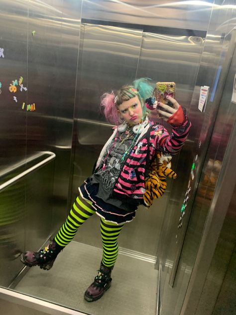 Decorakei, harajuku fashion, alt, weird, aesthetic, clown Alternative Clown Costume, Weird Girl Aesthetic Outfits, Colorful Alt Outfits, Weird Girl Outfits, Weird Kid Aesthetic, Clown Aesthetic Outfit, Weird Fashion Aesthetic, Aesthetic Clown, Clowncore Fashion