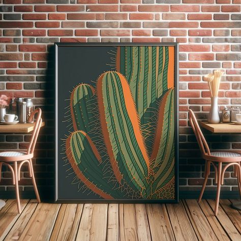 Digital art piece capturing the serene yet resilient nature of cacti, showcasing a blend of earthy tones and intricate details that breathe life into these iconic desert dwellers. The dark backdrop accentuates the vibrant greens and oranges, making each cactus stand out as a testament to beauty thriving in adversity. ALL OUR PRINTABLE DESIGNS ARE MADE AT 300DPI RESOLUTION WITH THE EXACT PIXEL DIMENSIONS ENSURING THE FINEST QUALITY PRINT YOU WILL RECEIVE A PDF LINK THAT WILL DIRECT YOU TO A FOLDE Green And Orange Art, Cactus Mural, Cactus Prints, Cactus Paintings, Homemade Art, Cactus Wall Art, Cactus Art, Cactus Print, Art Style Inspiration