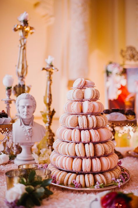 I love a tasty macaron tower! Marie Antoinette Inspired Victorian Wedding At Seattle | Photograph by Barrie Anne Photography  See The Full Story at http://storyboardwedding.com/marie-antoinette-victorian-wedding-seattle-fairmont/ French Wedding Cake Croquembouche, Croquembouche Wedding Cake, Croquembouche Tower, Macaron Tower Wedding, Wedding Croquembouche, Croquembouche Wedding, Pink Buffet, French Wedding Cake, Cake Marie Antoinette