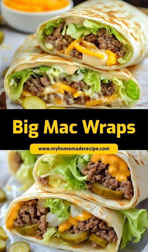 These Big Mac Wraps bring the classic flavors of a Big Mac into a fun and easy wrap! Loaded with beef, cheese, pickles, and special sauce, they’re perfect for a quick meal at home. Big Mac Wrap Recipe, Big Mac Crunch Wrap, Big Mac Bowls, Zepbound Diet, Big Mac Wrap, Roast Beef Wrap, Keto Big Mac, American Sandwich, Homemade Big Mac Sauce