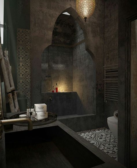 Riad Bathrooms, Arched Shower Opening, Moroccan Interiors, Modern Moroccan, Black Shower, Hotel Design, Shower Design, Moroccan Style, Shower Room