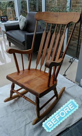 Painted Antique Rocking Chair, Painted Wooden Rocking Chair, Antique Rocking Chair Makeover, Wood Rocking Chair Makeover, Old Rocking Chair Makeover, Wooden Rocking Chair Makeover, Painted Rocking Chair Ideas, Rocking Chair In Living Room, Christmas Rocking Chair