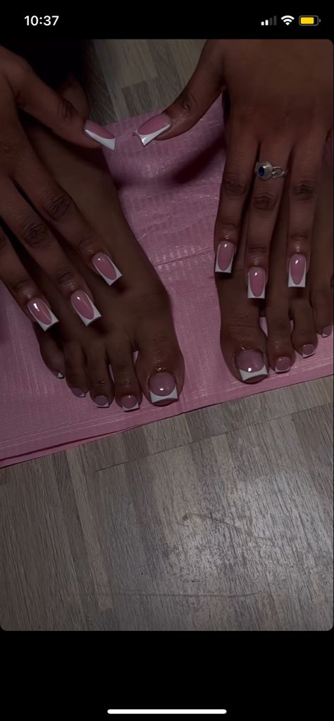 White French Tip Nails And Toes, Acrylic Nail And Toes Matching Ideas, Acrylic Nails Graduation, French Mani Pedi Combos, Toe And Nail Set Ideas, Mail And Toe Matching Set, Manicure And Pedicure Ideas, Pink Nail And Toes Matching Ideas, French Nails And Toes Matching