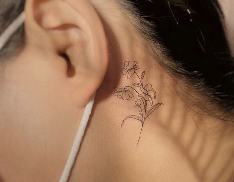 Iris Tattoo Behind Ear, Behind Ear Lily Tattoo, Daffodil Behind Ear Tattoo, Orchid Tattoo Small Behind Ear, Lily Flower Tattoos Behind Ear, Lily Behind The Ear Tattoo, Orchid Behind Ear Tattoo, Gladiolus Tattoo Behind Ear, Orchid Ear Tattoo