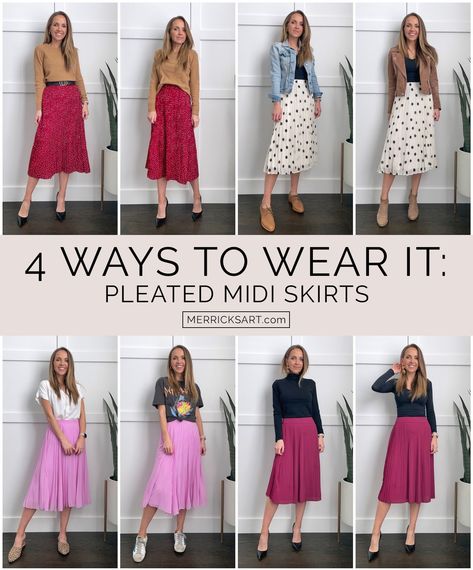 Pleated Skirt Outfit (4 Skirts, 8 Outfits) - Merrick's Art Professional Skirt Outfits Women, Mom Skirt Outfits, Shirts To Wear With Skirts, Pleated Skirt Casual Outfit, Pleated Long Skirt Outfit, Long Pleated Skirt Outfit, Pleated Skirt Outfit Summer, Pleated Skirt Outfit Ideas, Pleated Midi Skirt Outfit