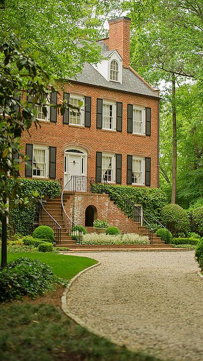 Bellwether Landscape Architects located in Atlanta, GA Colonial House Landscape, Traditional Home Exterior Brick, Georgia House Aesthetic, Homes In Atlanta Georgia, Houses In Atlanta, Colonial Landscaping, Landscape House, Boxwood Garden, Casa Country