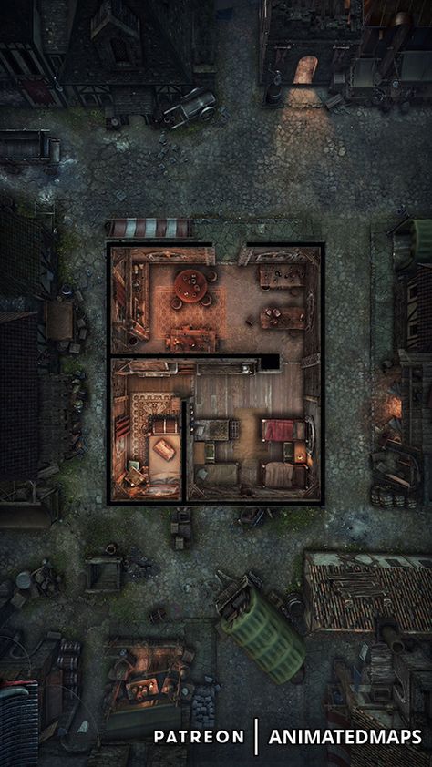 #animatedmaps #animateddungeonmaps #dnd #fantasy #dungeonsanddragons #animated #battlemap #map #rpg  #dynamic #maps #night #small #tavern #inn #town #street #interior #bedroom #cheap Wasteland Battlemap Dnd, Dnd Abandoned House Map, Ruined City Battlemap, Dnd Street Map, Apocalypse Battlemap, Dnd House Map, Animated Battlemap, Map Rpg, House Abandoned